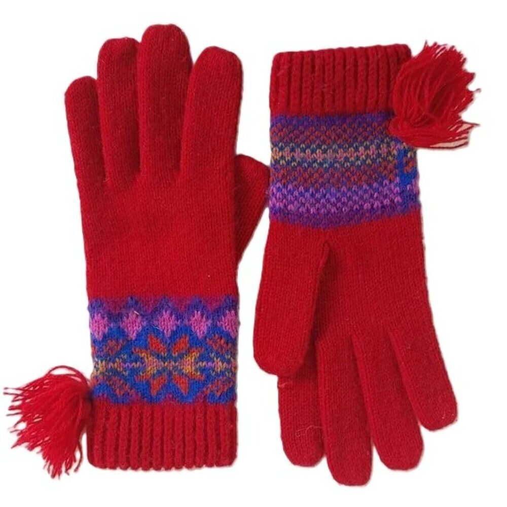 Vintage Fair‎ Isle Gloves Knit Pom Pom Adult Boho Red Purple